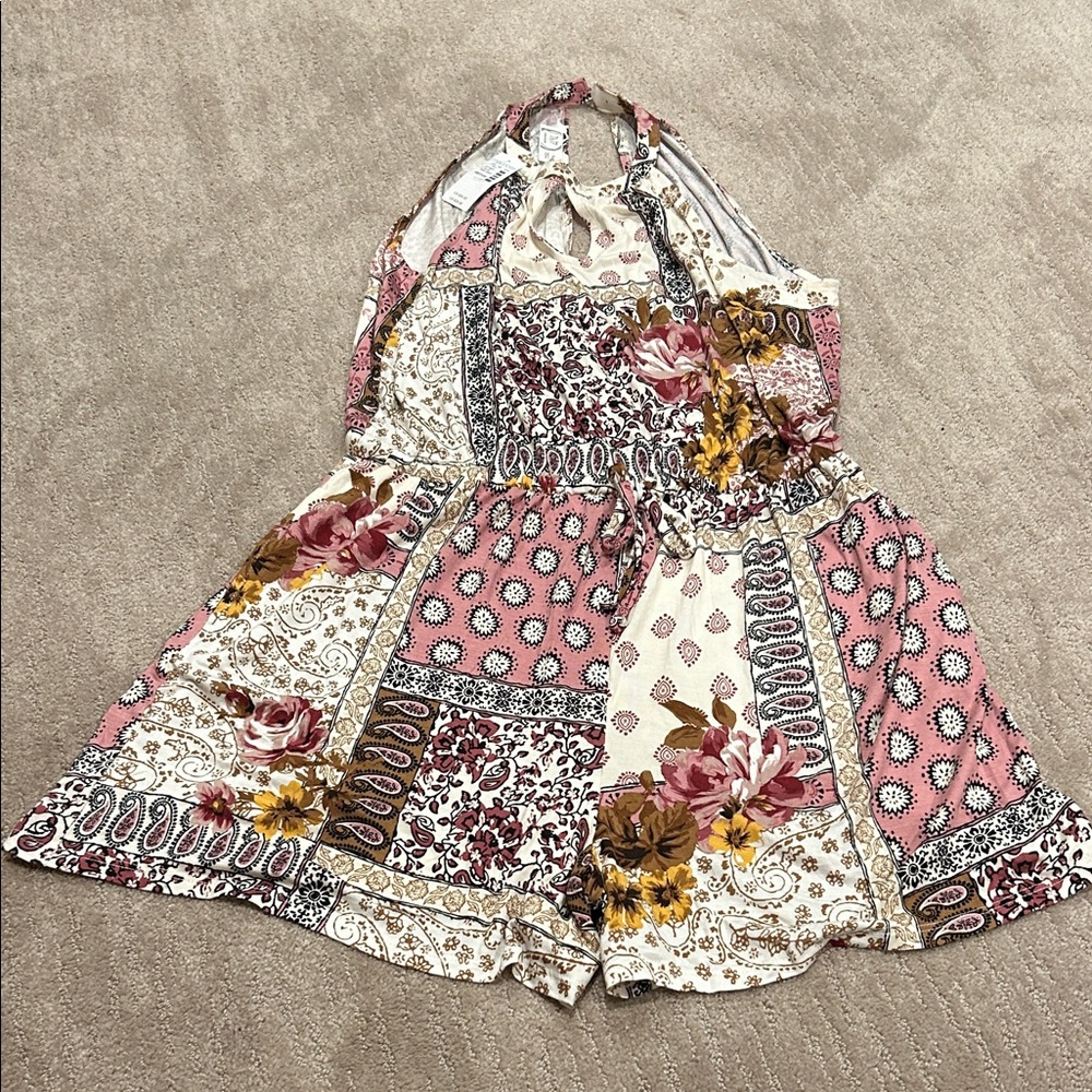 Maurices Pink and Cream Patterned Halter Top shorts Romper.